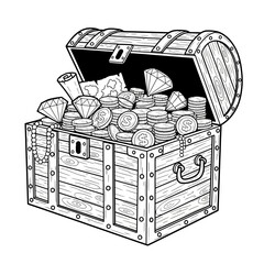 Open Treasure Chest Filled with Gold Coins, Diamonds, and Jewelry - Illustration © LAILATUS