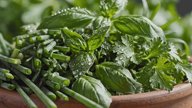 Fresh Herbs in a Bowl Basil Chives and Parsley.