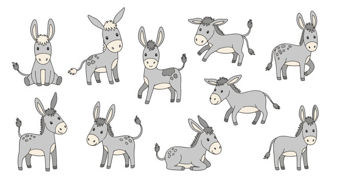 Vector illustration set of cute hand-drawn donkeys featuring various poses, expressions, and farm animal characters isolated on white background for stickers and child graphics.