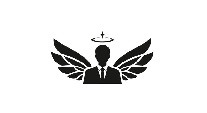 Silhouette of a businessman with angel wings and halo, representing a guardian angel or divine business concept.