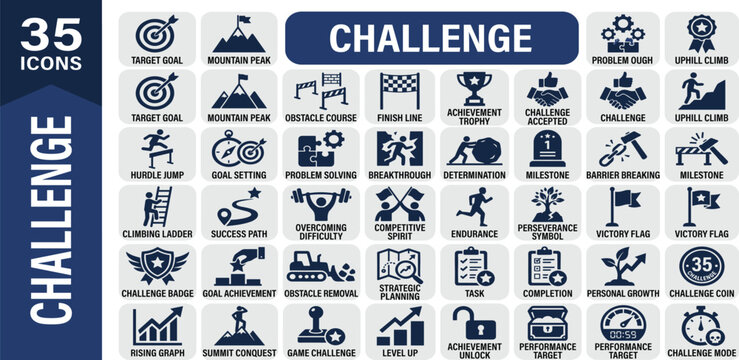 Challenge icon set with goals, obstacles, competition, hurdle, issue, overcome, resolve, rivalry, success, problem solving symbols. clean vector icons for apps, web, business design.