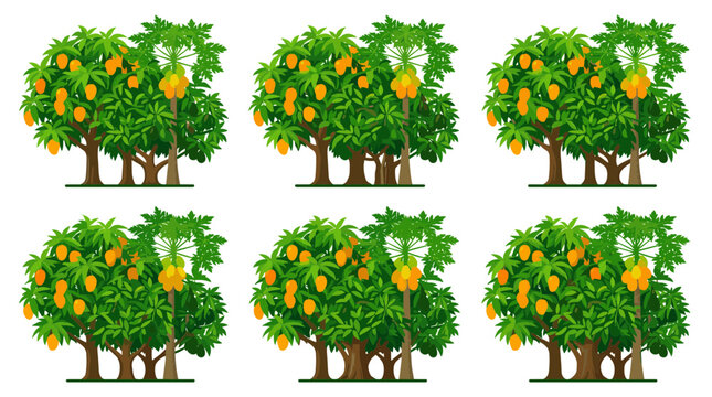 Illustration of multiple ripe mango trees laden with yellow fruits, showcasing tropical abundance and organic growth in a vibrant green setting