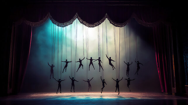 Silhouettes of Dancers Performing on Stage with Dramatic Teal and Warm Spotlights, Theater and Performing Arts Concept
