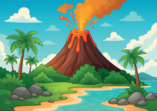 Volcano Nature Landscape Cartoon Vector Illustration