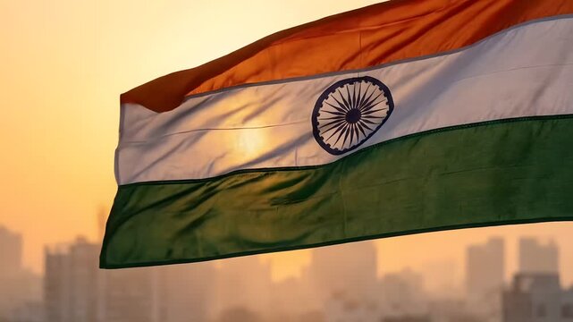 Indian flag waving cityscape background.