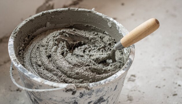 Close-up of Wet Cement Mix in a Bucket with a Trowel.