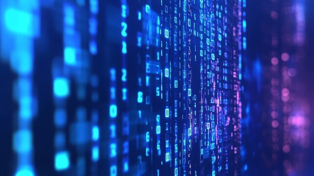 Abstract digital background featuring flowing blue binary code streams and glowing technological data structures