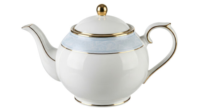 Elegant White Porcelain Teapot with Gold Accents and Light Blue Floral Design