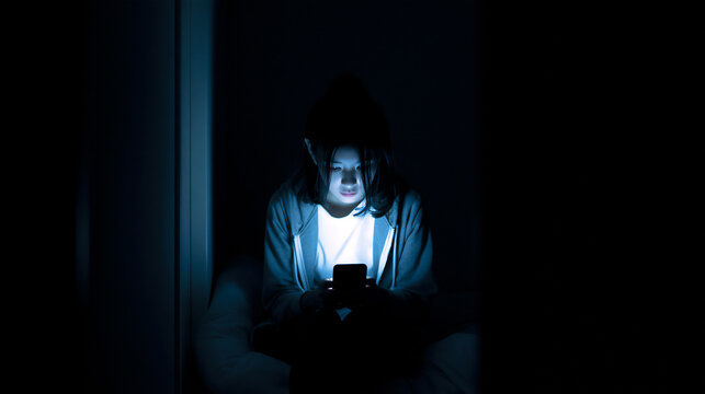 Young person in dark hoodie using smartphone alone in darkness, social isolation digital addiction and mental health concept