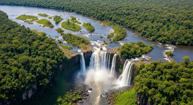 Aerial Splendor of Iguazu Falls: A Braided River Cascading into the Jungle
