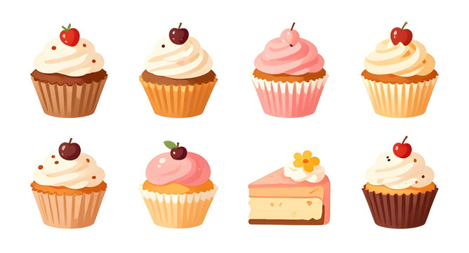 muffin, cupcake, dessert, sweet, frosting, bakery, icing, food, snack, sugar, baked, treat, vanilla, chocolate, vector, illustration, isolated