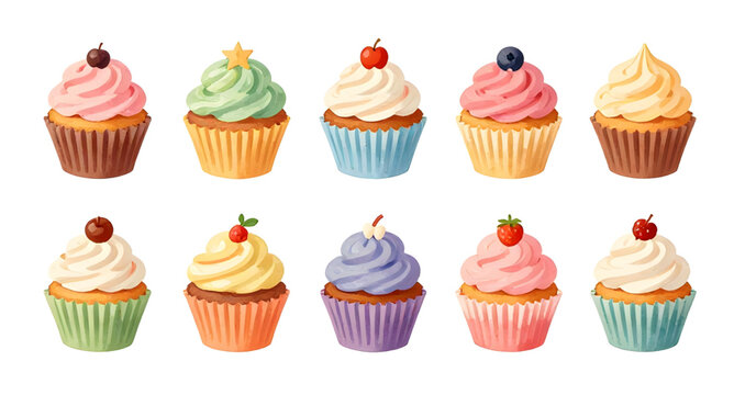 sweet, cupcake, dessert, frosting, bakery, muffin, icing, food, snack, sugar, baked, treat, vanilla, chocolate, vector, illustration, isolated