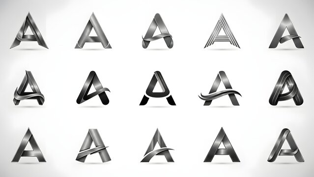 A collection of fifteen stylized metallic letter A logos and icons in various modern designs.