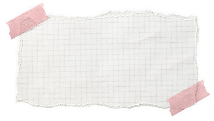 Torn piece of squared paper with tape PNG isolated on transparent background, crumpled notebook sheet for notes and reminders