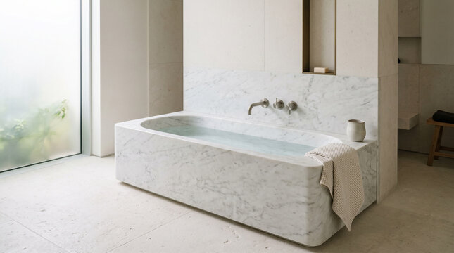 Monolithic marble soaking tub beside brushed nickel fixtures enhances luxurious pale stone bathroom sanctuary beautifully