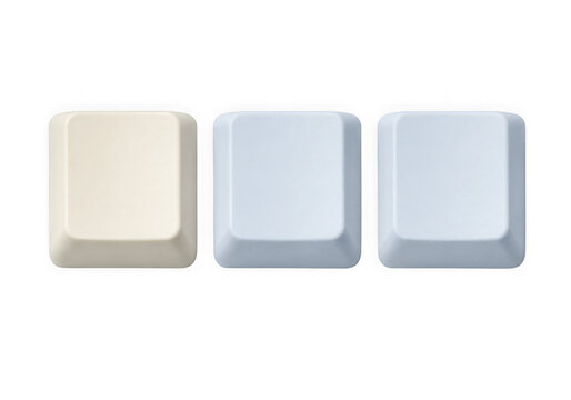 Three blank keycaps PNG isolated on transparent background, beige and blue keyboard buttons for customization and design projects