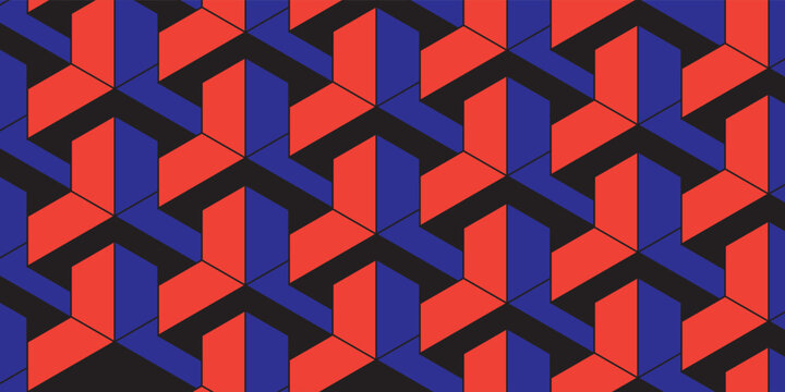Geometric 3D isometric pattern with interlocking red and blue shapes on a dark background. Modern abstract vector design for seamless background, textile, and wallpaper.