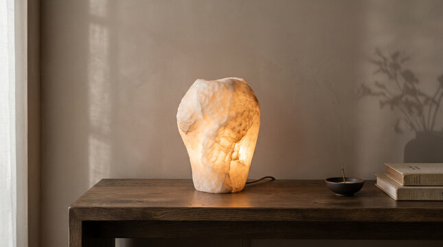 Sculptural Alabaster Lamp Glowing Upon Smoked Oak Console Creating Sophisticated Minimalist Interior Atmosphere Elegantly Balanced