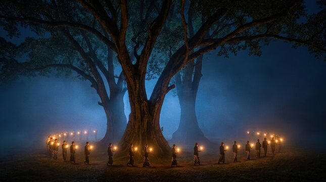 sacred ritual forest Java capturing epic wide canopy with distant procession of lantern bearers in mist