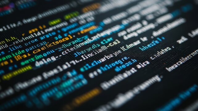 Abstract digital background featuring computer programming code syntax in blue and yellow colors on black screen