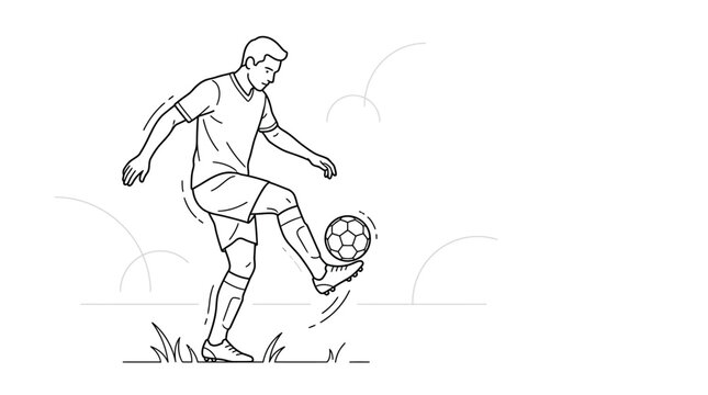 A black and white line art illustration of a male soccer player dribbling a ball.