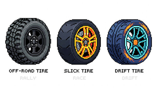 Pixel Art Racing Car Tires for Different Track Conditions