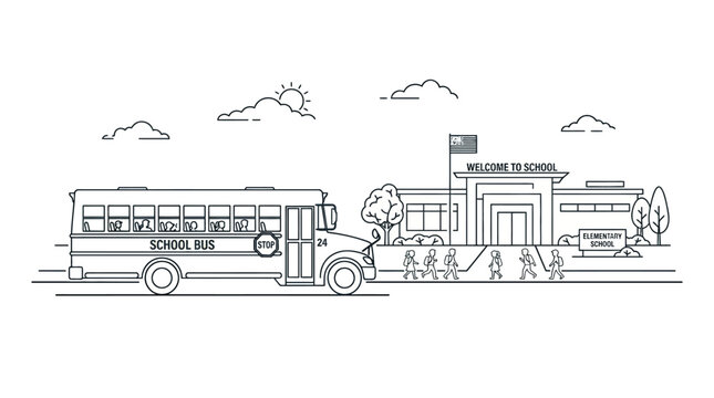 A school bus arriving at a school building line art illustration.
