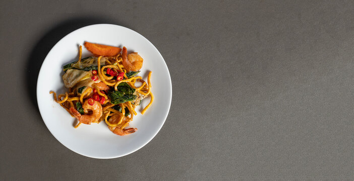 Delcious Spicy Thai Noodles with Prawns and Space for Copy