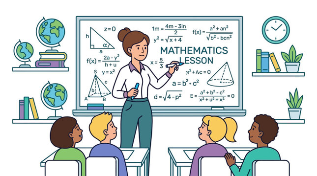 A teacher explaining a mathematics lesson to a group of diverse students in a classroom.