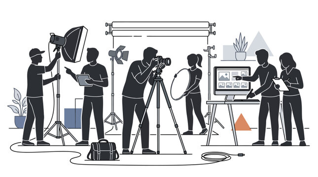 A team of professional photographers and assistants working in a studio production set.