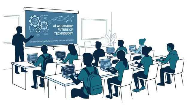 A workshop scene with a speaker and students using computers in a classroom.