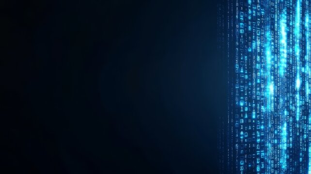 Abstract digital background with glowing blue binary code streaming downward in cyber space