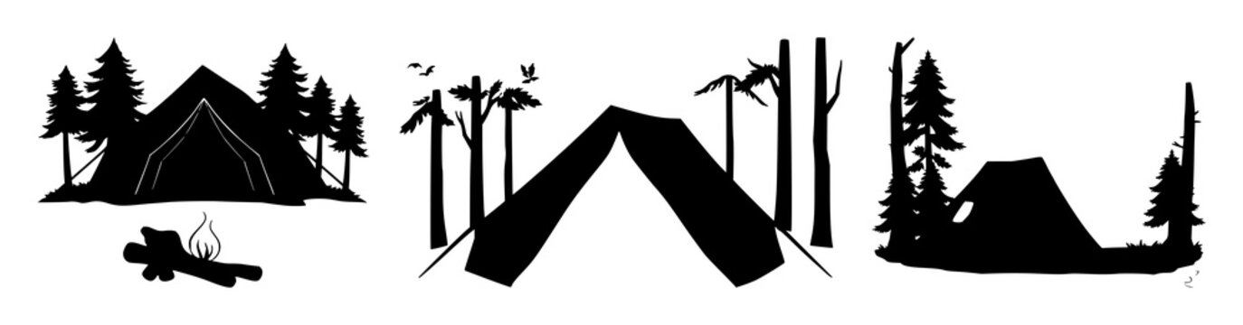 Forest camping tent icon set with solid black design on white background featuring camping, tent, forest with nature and outdoor
