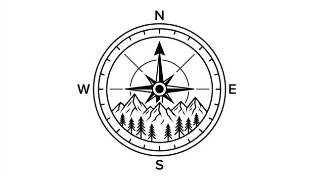 Black compass icon with mountain landscape and trees navigation symbol