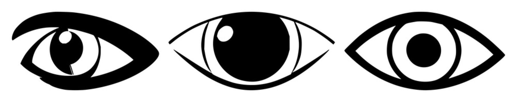 Eye scanner icon set with solid black shape on white background featuring computer vision, biometric, AI recognition with eye symbol and scanning lines