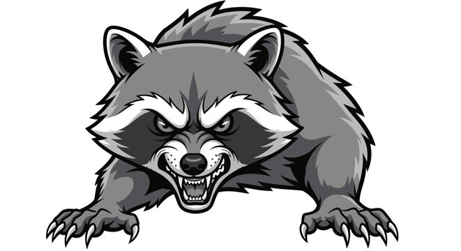 Aggressive Raccoon Mascot Fierce Attack Pose Black and White Illustration
