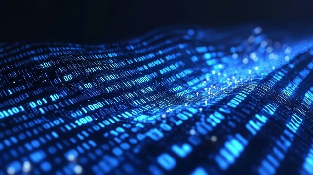 Abstract digital wave background featuring glowing blue binary code streams representing data transmission and information flow