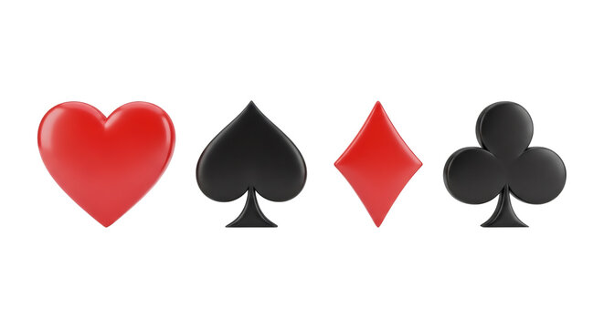 Three dimensional glossy icons representing the four standard playing card suits including heart spade diamond and club symbols&nbsp;