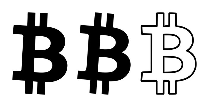Bitcoin set with flat solid black icon on white background featuring cryptocurrency, digital currency, coin symbol with design and vector