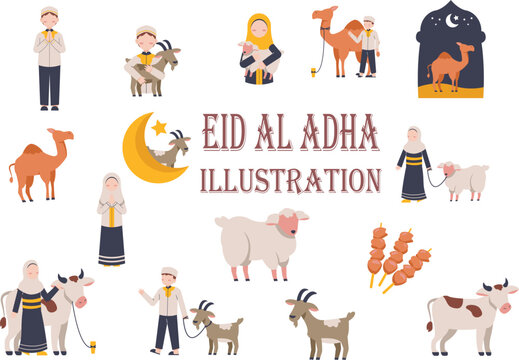 Eid Al Adha Illustration Element Set with Cute Muslim Characters Qurban Animals Camel Cow Goat Sheep and Kebab Vector Flat Design