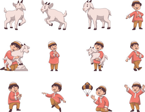 Eid Al Adha Character Set with Cute Muslim Boy in Panjabi and Qurban Goat in Various Poses Hand Drawn Vector Illustration Asset