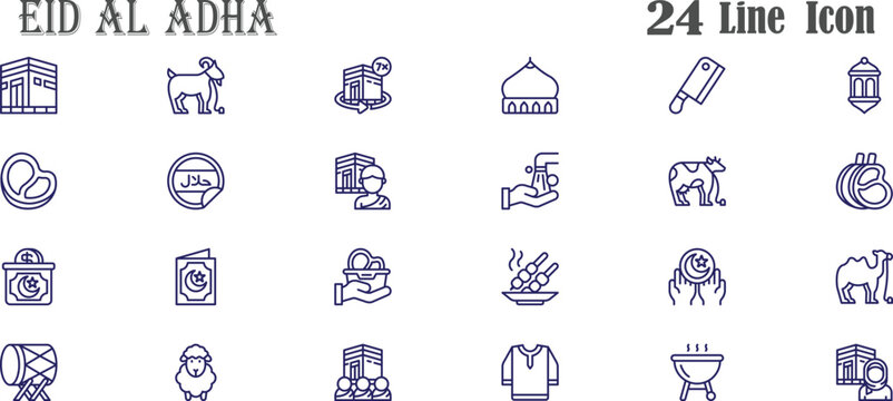 24 Eid Al Adha Line Icon Set for Islamic Festival Sacrifice Qurban Animals and Hajj Pilgrimage Outlines Vector Illustration
