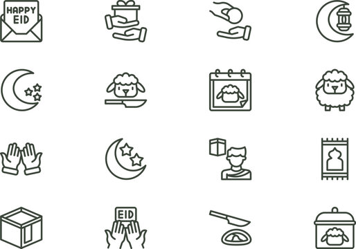 Eid Al Adha Line Icon Set with Cute Qurban Sheep Islamic Festival Hajj Pilgrimage and Charity Outlines Vector Illustration
