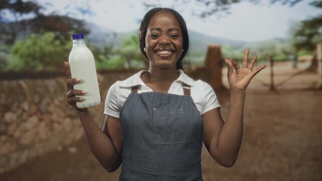 Woman wearing apron and white shirt holding milk bottle with left hand, right hand showing ok sign, smiling broadly on farm; freshness joy.