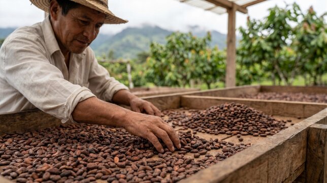 A farmer working on a cocoa plantation, spreading and drying cacao beans on wooden trays in an openair shed with mountains behind