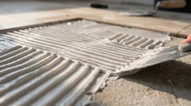 Closeup of a construction worker applying thinset mortar with a notched trowel on a concrete floor during tile installation