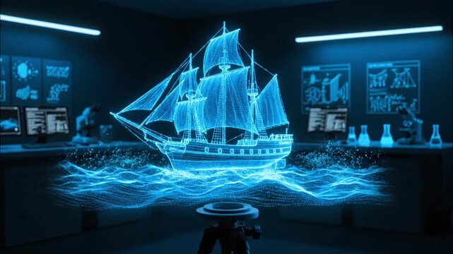Futuristic holographic sailing vessel displayed in modern technology room