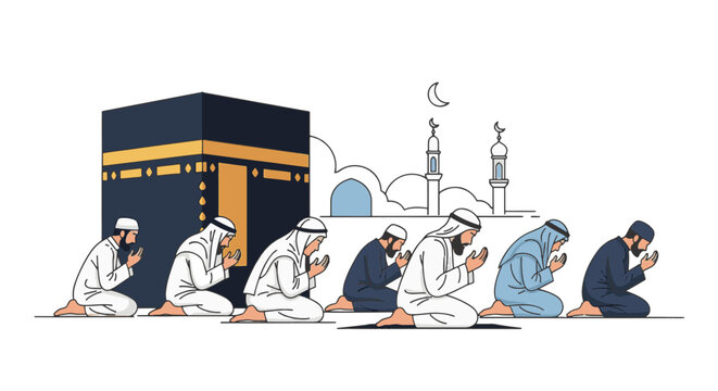 Detailed illustration of a group of 17th-century American pilgrims, men and women, gathered in prayer with heads bowed and hands clasped in a colonial setting, Thanksgiving theme.