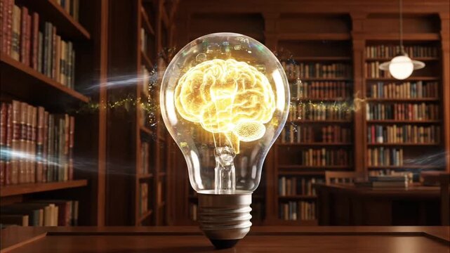 Bright illuminated brain concept inside glass bulb with warm glow