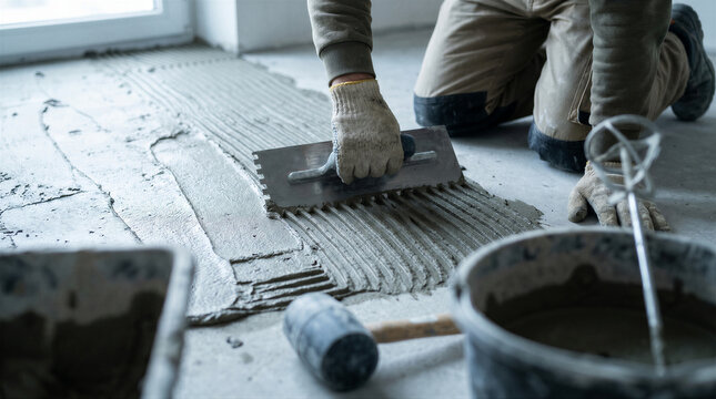 Professional tiler spreading adhesive mortar on the floor using a notched trowel for tile installation in a construction site